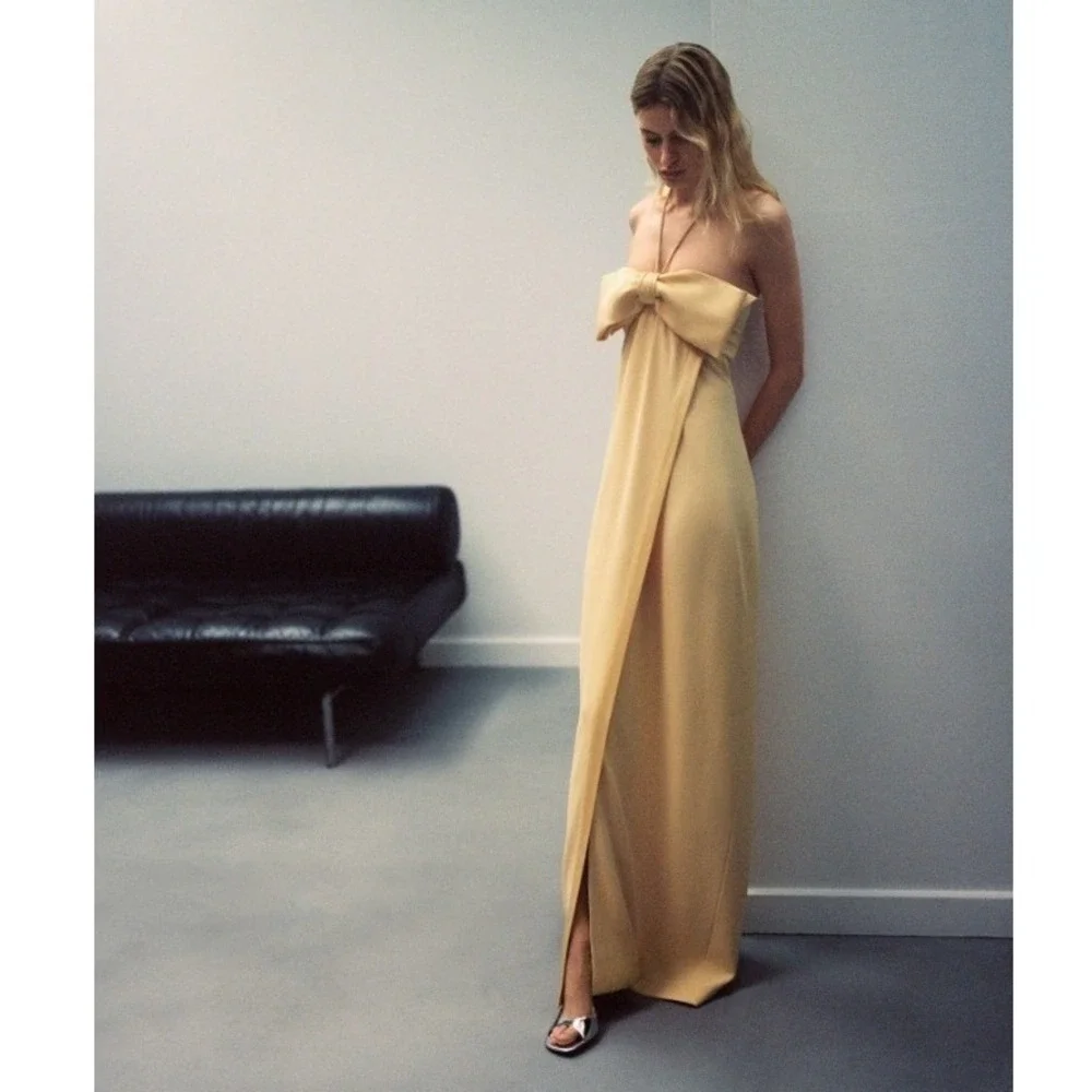 NEW NWT MANGO Satin Crossed Dress Bow Neckline Maxi Gown Party Cocktail M US 6 - Picture 2 of 14